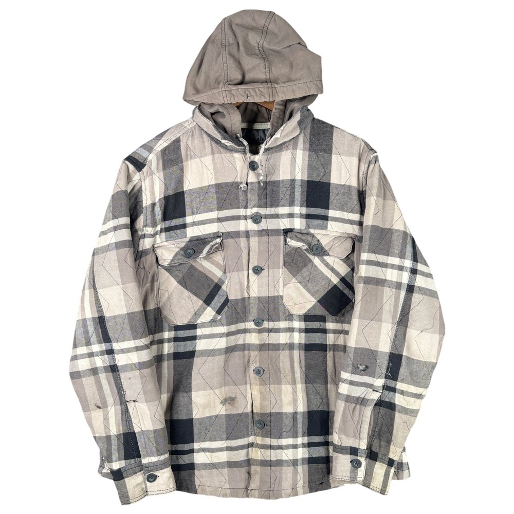 Vintage OP Ocean Pacific Mens Quilted Hooded Flannel Shirt Jacket Grey Plaid L